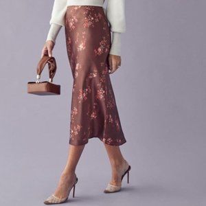 NEW W/O TAG Reformation - Pratt Floral-print Silk-satin Midi Skirt - Red